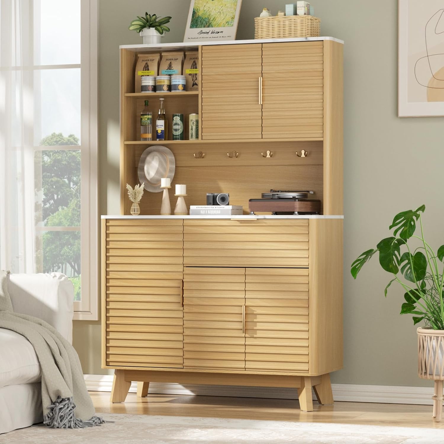 Vabches Pantry Cabinet with Fluted Kitchen Hutch and Charging Stations, Buffet Storage Cabinet with Large Countertop, Drawers & Shelves, Natural