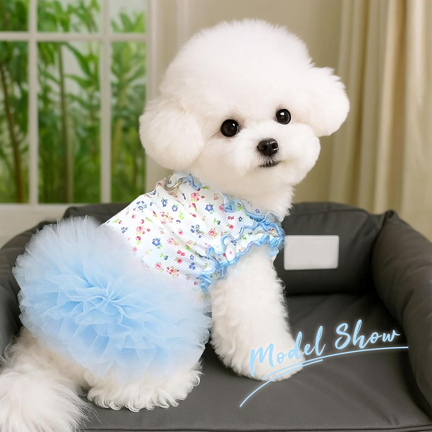 Floral Dog & Cat Dress with Tutu Skirt - Breathable Stretch Pet Clothes for Small Dogs Girl Cats & Puppies Birthday Party Outfit (Blue,Medium)