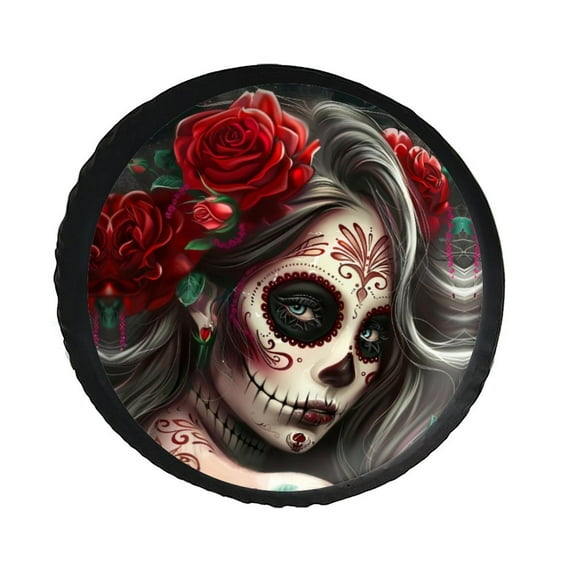 KAKALAD Rose Sugar Skull Girl 01 Spare Tire Cover PVC Leather Universal Vehicle Accessories Buckle Car Tools 14”in
