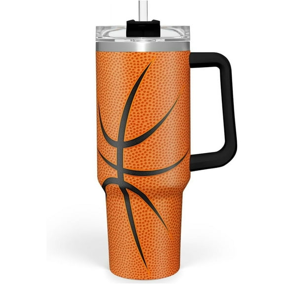 Basketball Tumbler with Handle 40oz with Lid & Straw, Basketball Gifts for Men Boys Player Coach Lover, Basketball Tumblers Coffee Stainless Steel Insulated Cup Gifts for Christmas Birthday