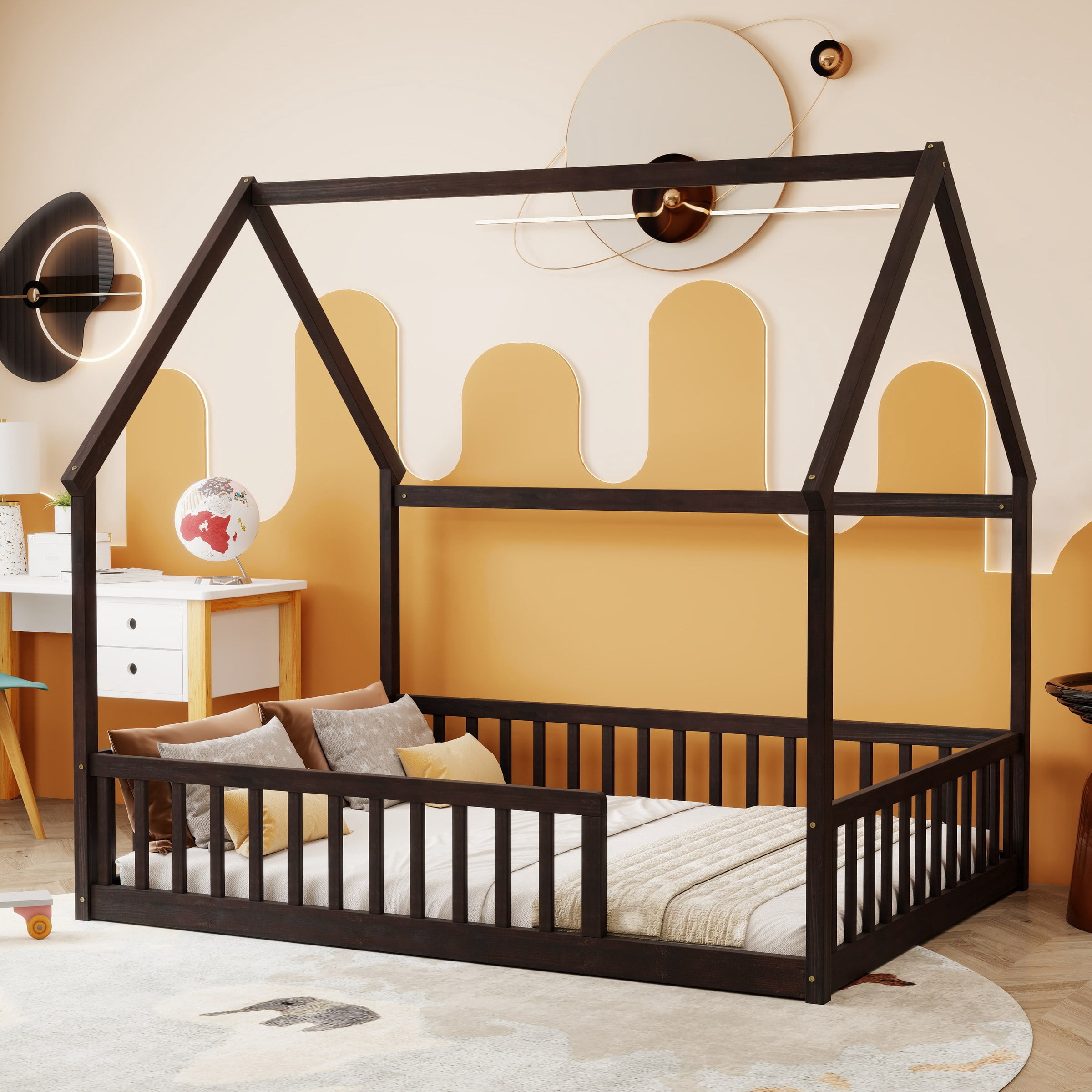 Full Size House Floor Bed with Roof Frame, Pine Wood Floor Bed with Safety Guardrails, Espresso