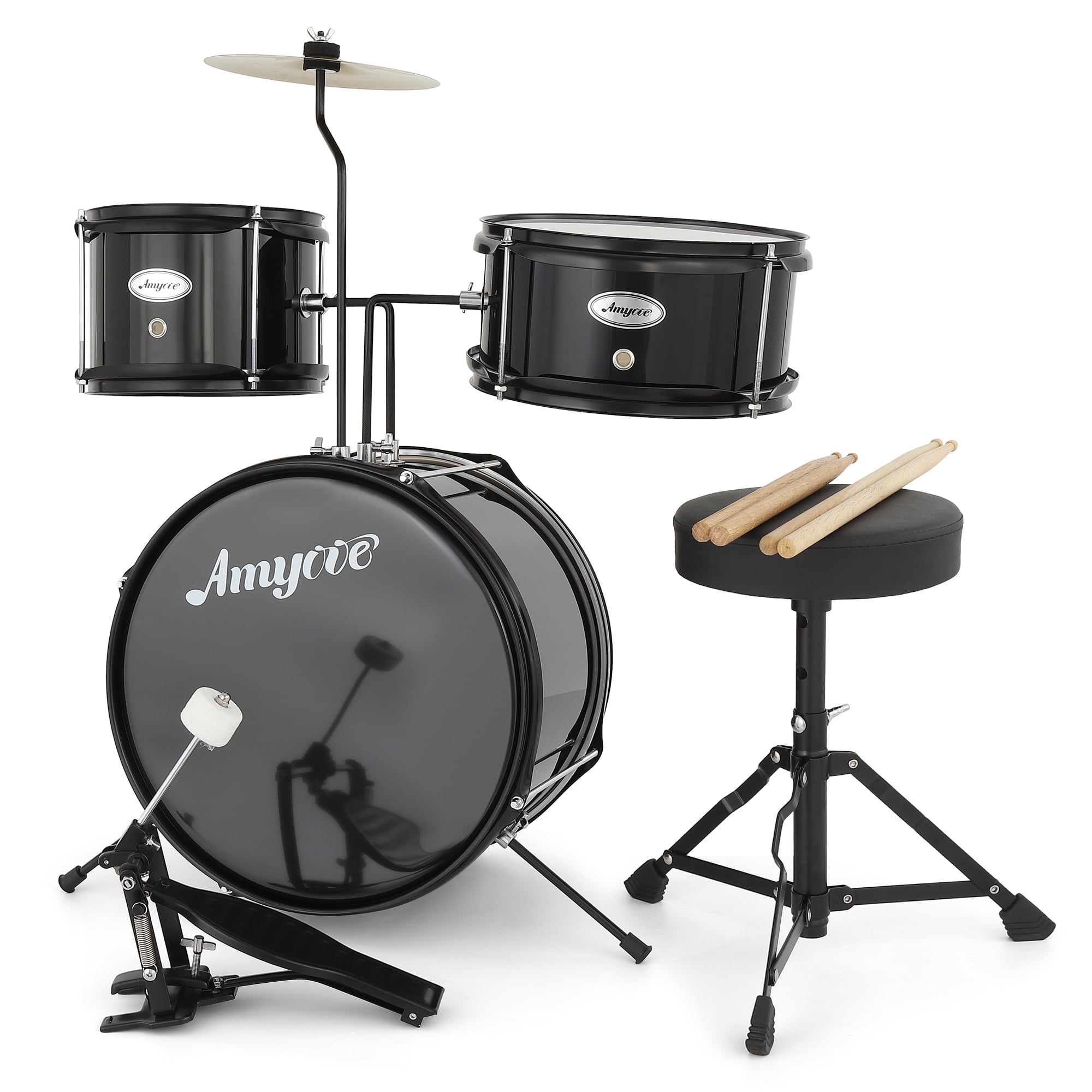 3-Piece Kids Drum Set with Cymbal, Tom, Bass Drum, Drumsticks, Bass Pedal and Drum Stool