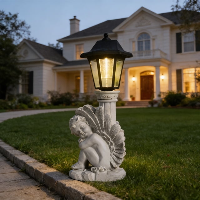Estatua de resina con luz solar para jardín, figura decorativa de resina para exteriores con iluminación LED para patio, jardín o camino – Resistente a la intemperie, ideal para homenajes y hogares.