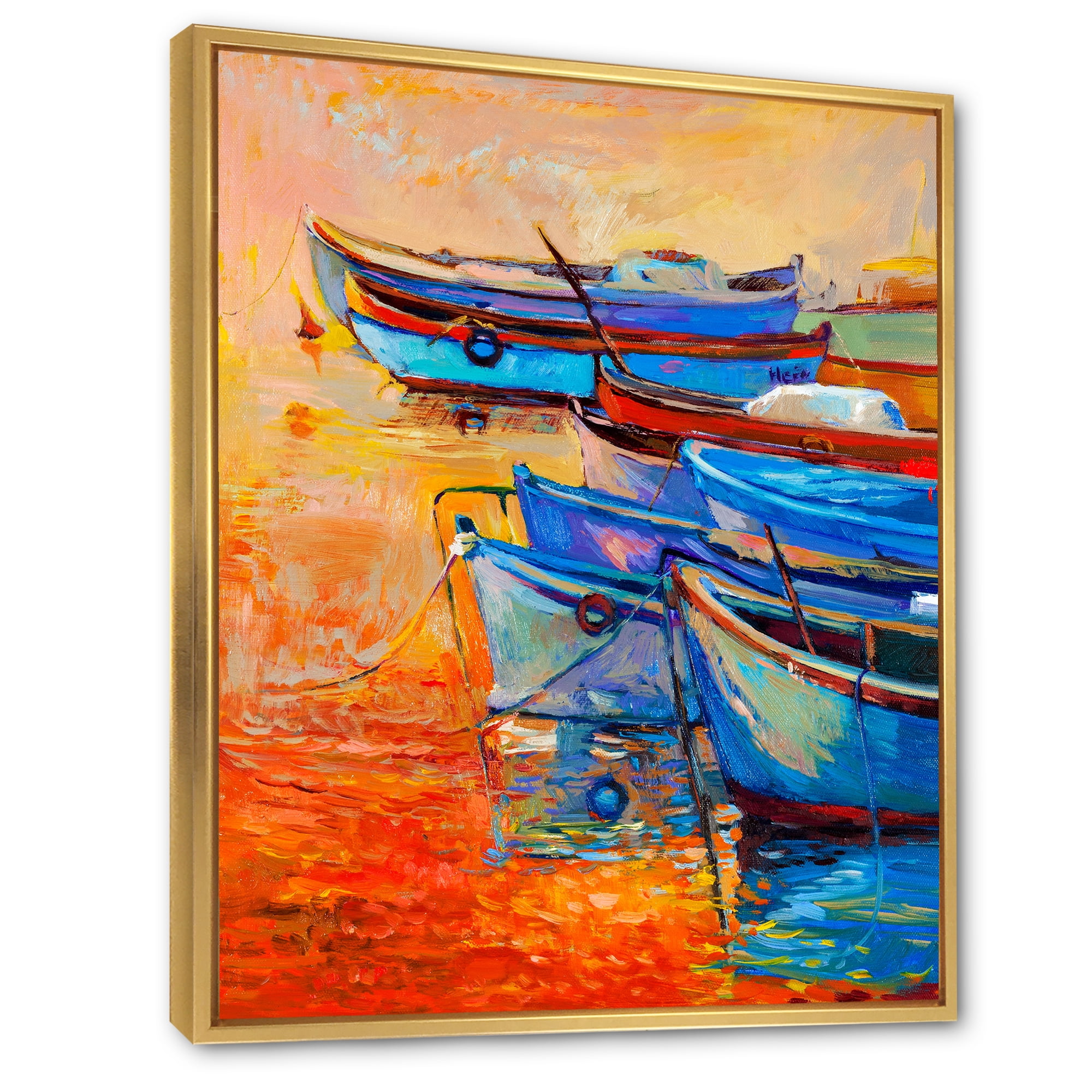 Designart 'Boats During Warm Sunset Resting On The Water VIII' Nautical & Coastal Framed Canvas Wall Art Print