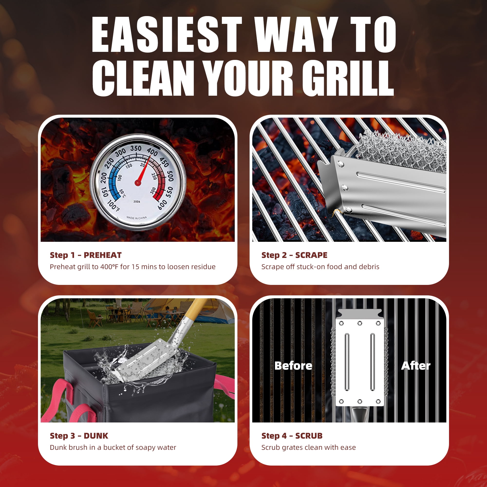 Rosaver Bristle Free Grill Brush and Scraper, BBQ Grill Cleaner with 3 Replacement Heads, 304 Stainless Steel, Safe for Gas, Charcoal & Porcelain Grills
