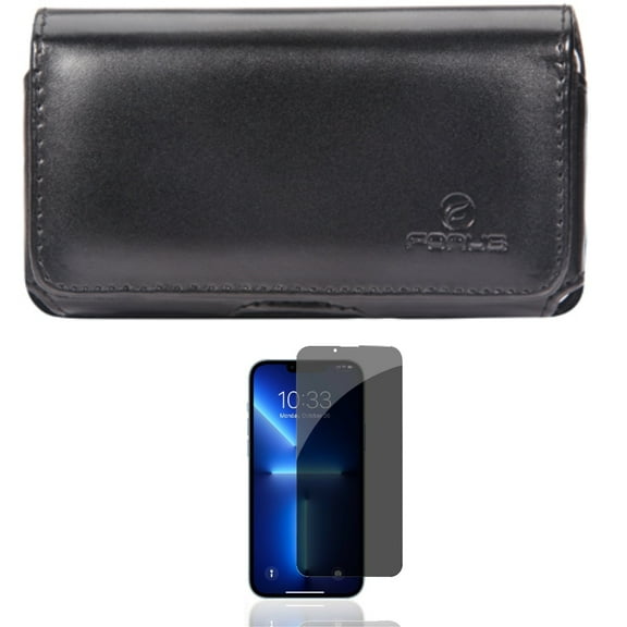Privacy Screen Protector & Case Belt Clip for iPhone 13/Pro - Combo with Tempered Glass Curved Anti-Spy Anti-Peep & Leather Swivel Holster Loops