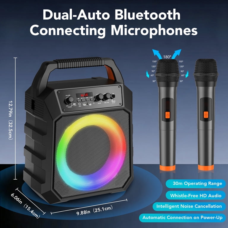 Máquina De Karaoke Portátil Con 2 Micrófonos, Luces LED Y 5 Efectos De Voz, Para Niños Y Adultos