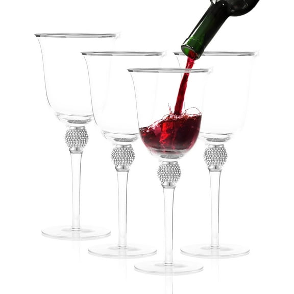 Premium Wine Glasses Set of 4 - Crystal Long Stem Wine Glass with Silver Rim & Rhinestone Design - 18 oz