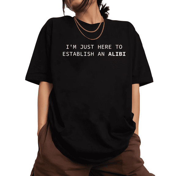 UNISHE Womens True Crime Fan Funny Alibi Statement Graphic Short Sleeve Crewneck T-Shirt S-5XL Black Tops