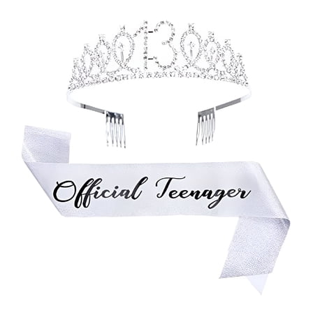 TELOLY 13th Birthday Tiara and Sash Set - Teenager Sash Silver Crystal Crown Birthday Gift for Girls 13th Birthday Party Supplies