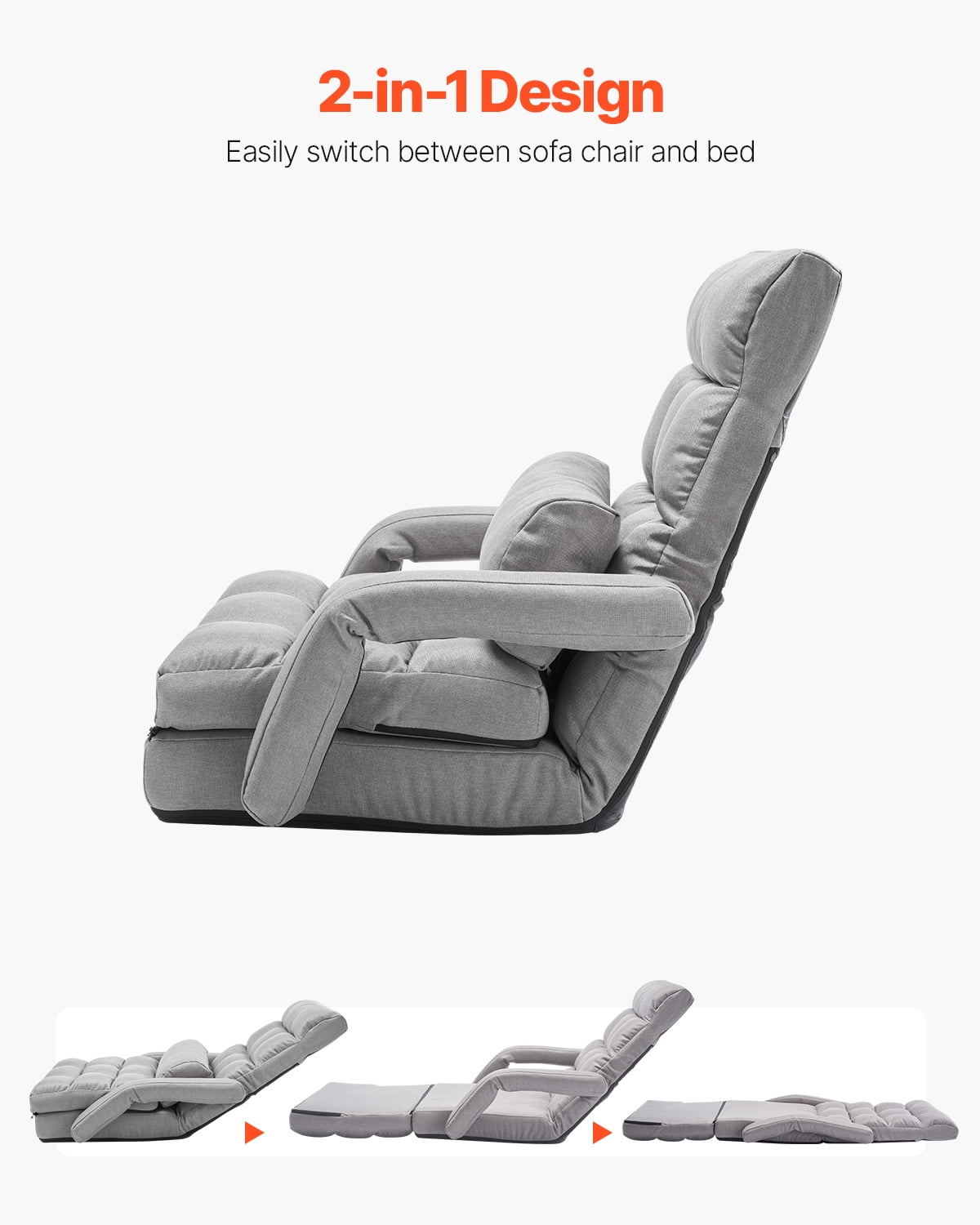 VEVOR Floor Chair, Floor Gaming Chair with 5 Adjustable Position and Back Support, Folding Sofa Chair with Armrest for Adults, Sofa Lounger Bed with Back Cushion for Living Room and Bedroom, Gray