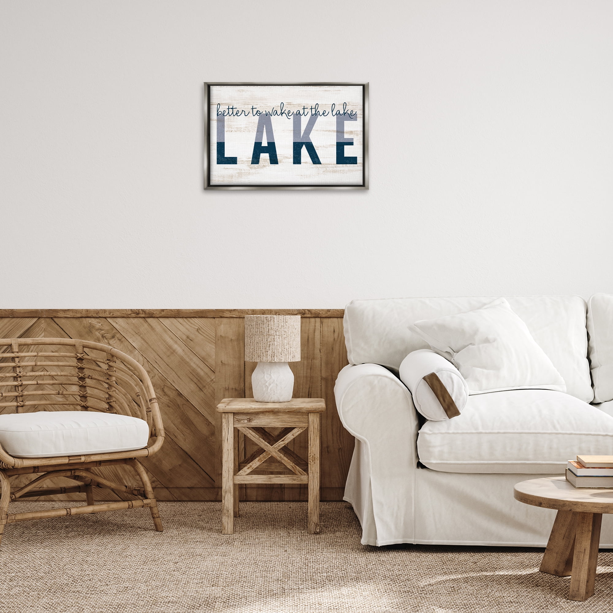 Stupell Industries Wake at Lake Rustic Text & Numbers Painting Gray Floater Framed Canvas Art Print Wall Art, 25 x 17