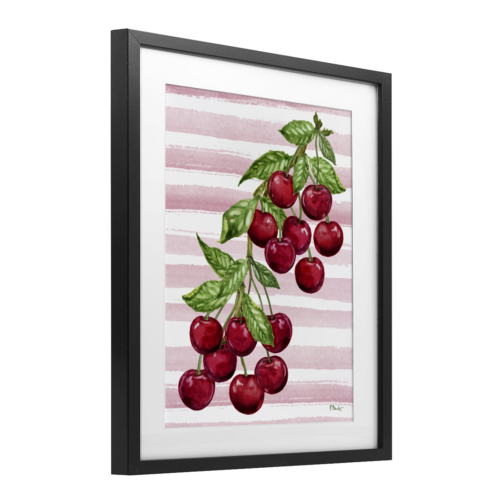 Stupell Industries Juicy Cherry Vine on Stripes Black Framed Print Under Glass, design by Paul Brent