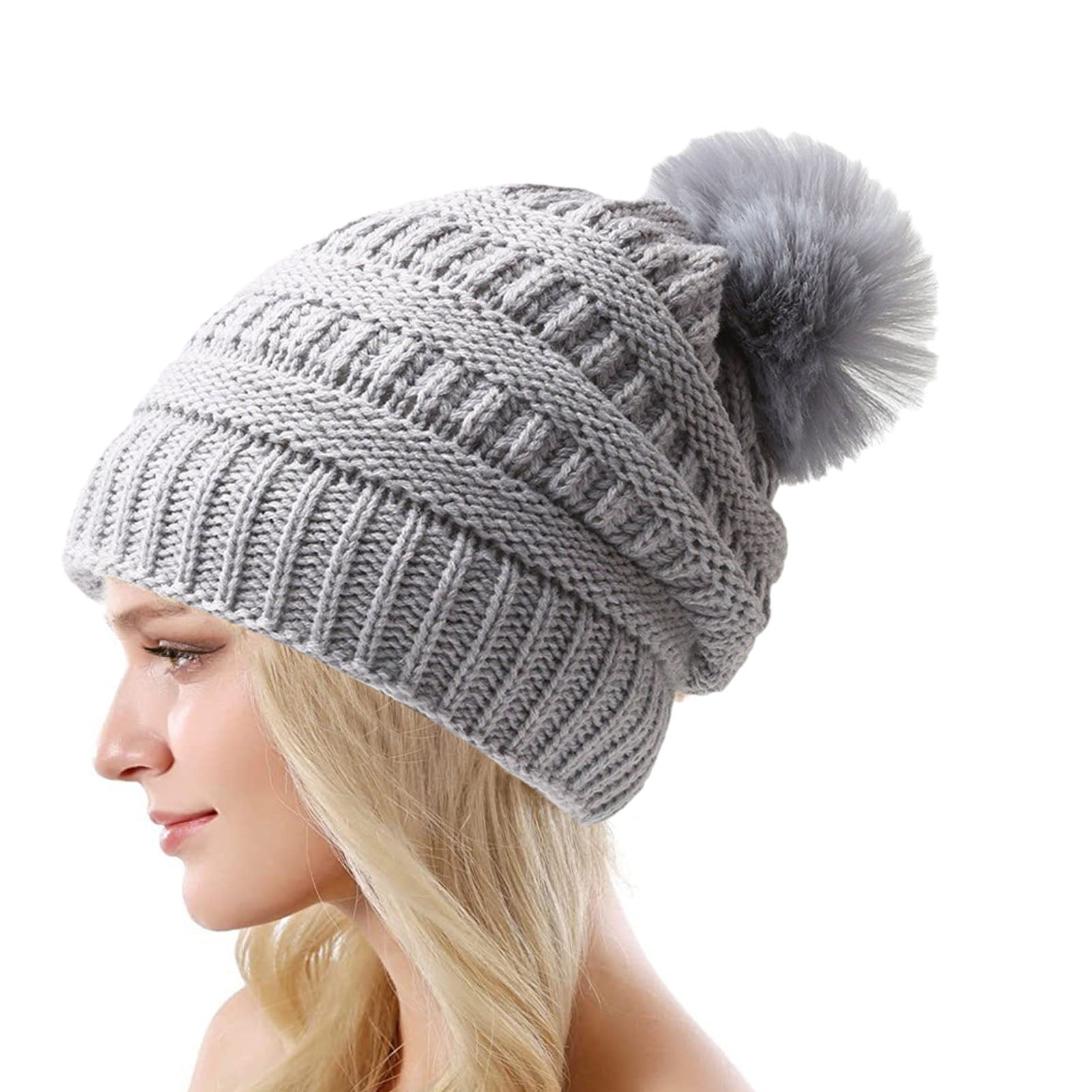 Winter Hat Plush Ball Decor Thickened Knitted Solid Color