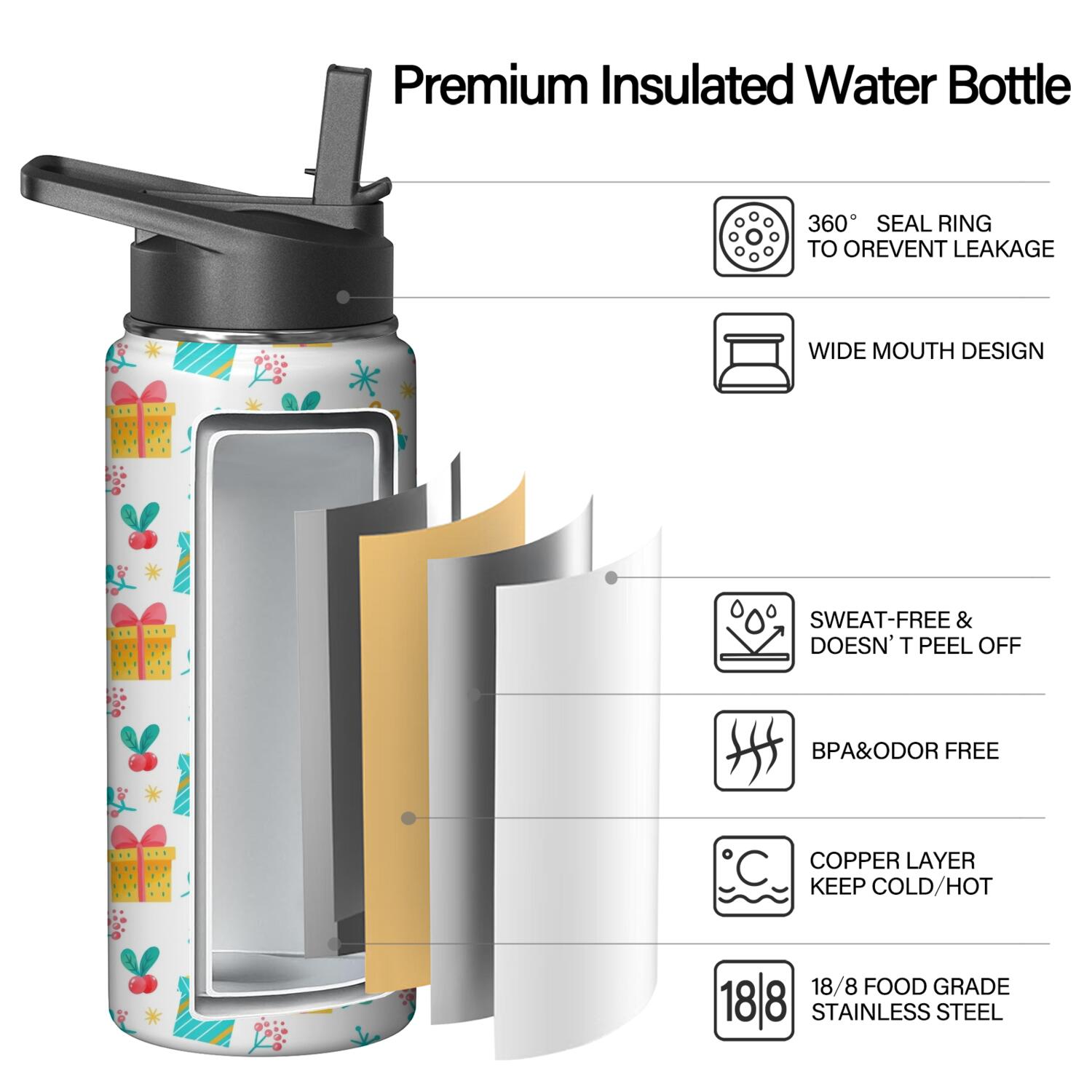 Christmas 18 oz Insulated Stainless Steel Water Bottle with Straw & Cleaning Brush , Leakproof, BPA-Free, 304 Stainless Steel, Wide Mouth, Travel Mug for Car, Gym, Office
