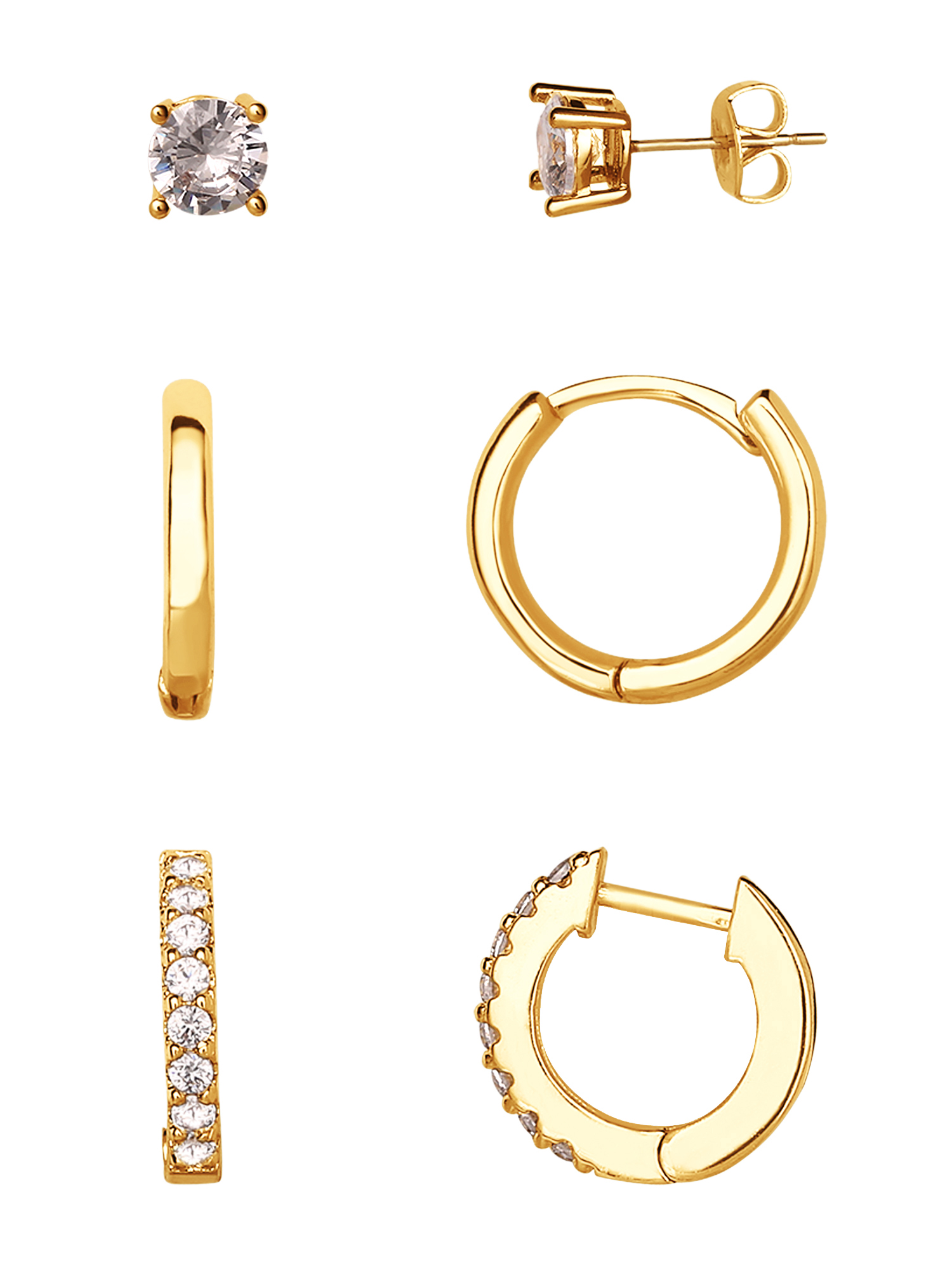 Believe by Brilliance Women's Brass 14kt Gold Flash Plated Cubic Zirconia Stud, Hoop, and Polished Earring Set