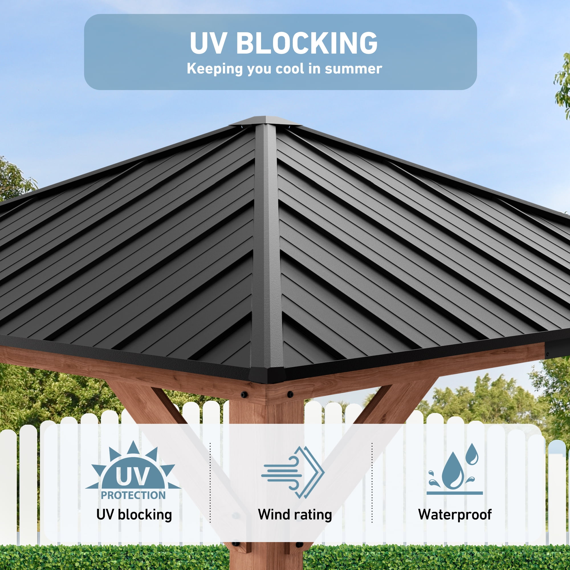 Modern Shade Tranquil Grove 10'x10' Hardtop Gazebo, Cedar Frame, Steel Roof, Netting, Curtain, Brown Outdoor Pavilion