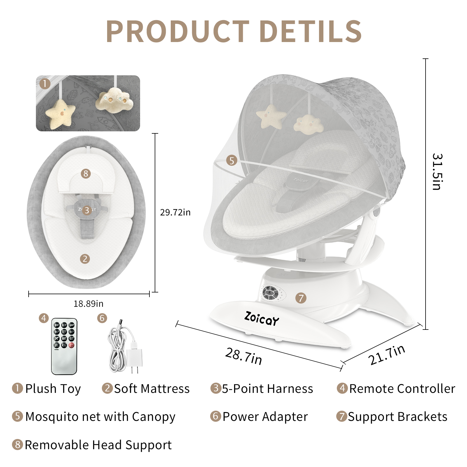 Zoicay Baby Swing, Baby Rocker Stationary Seat Infants Swing 3-IN-1 Design,  Motion Detection, 5 Speeds & 3 Modes,12 Melodies & Bluetooth Music, White