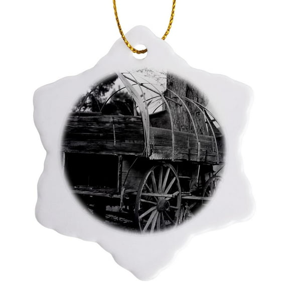 3drose, an Old Pioneer Wagon on a Setting by a Tree, 3 inch Snowflake Porcelain Ornament