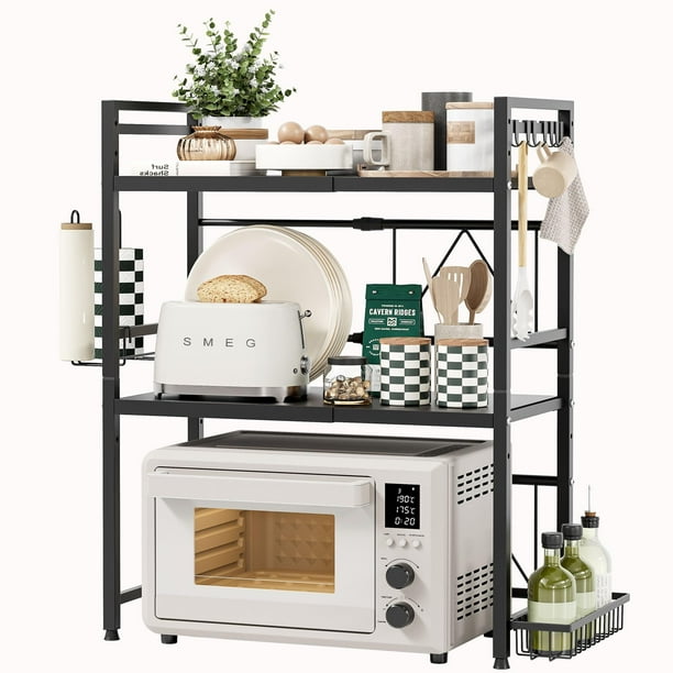 Soporte extensible para microondas, Organizador de Cocina, Repisas para cocina en Altura ajustable, Estante para Cocina, 3 Niveles con 8 Ganchos, 1 servilletero, 1 cesto para Especias, Negro