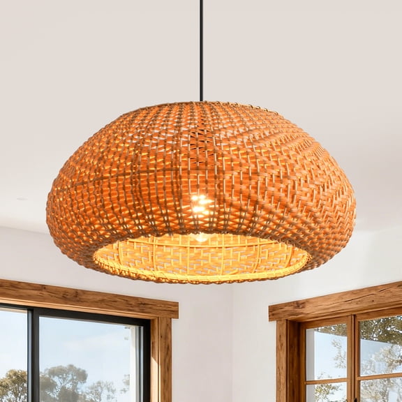 19" Bohemian Coastal Natural Handwoven Wicker Drum 1-Light Adjustable Pendant Fixture