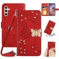 thumbnail image 1 of SaniMore Case for Samsung Galaxy A34 5G 2023, [Crossbody/Wrist Lanyard] PU Leather Embossed Butterfly [Diamond Clasp] Card Slots kickstand Shockproof Glitter Wallet Shell, Red, 1 of 12
