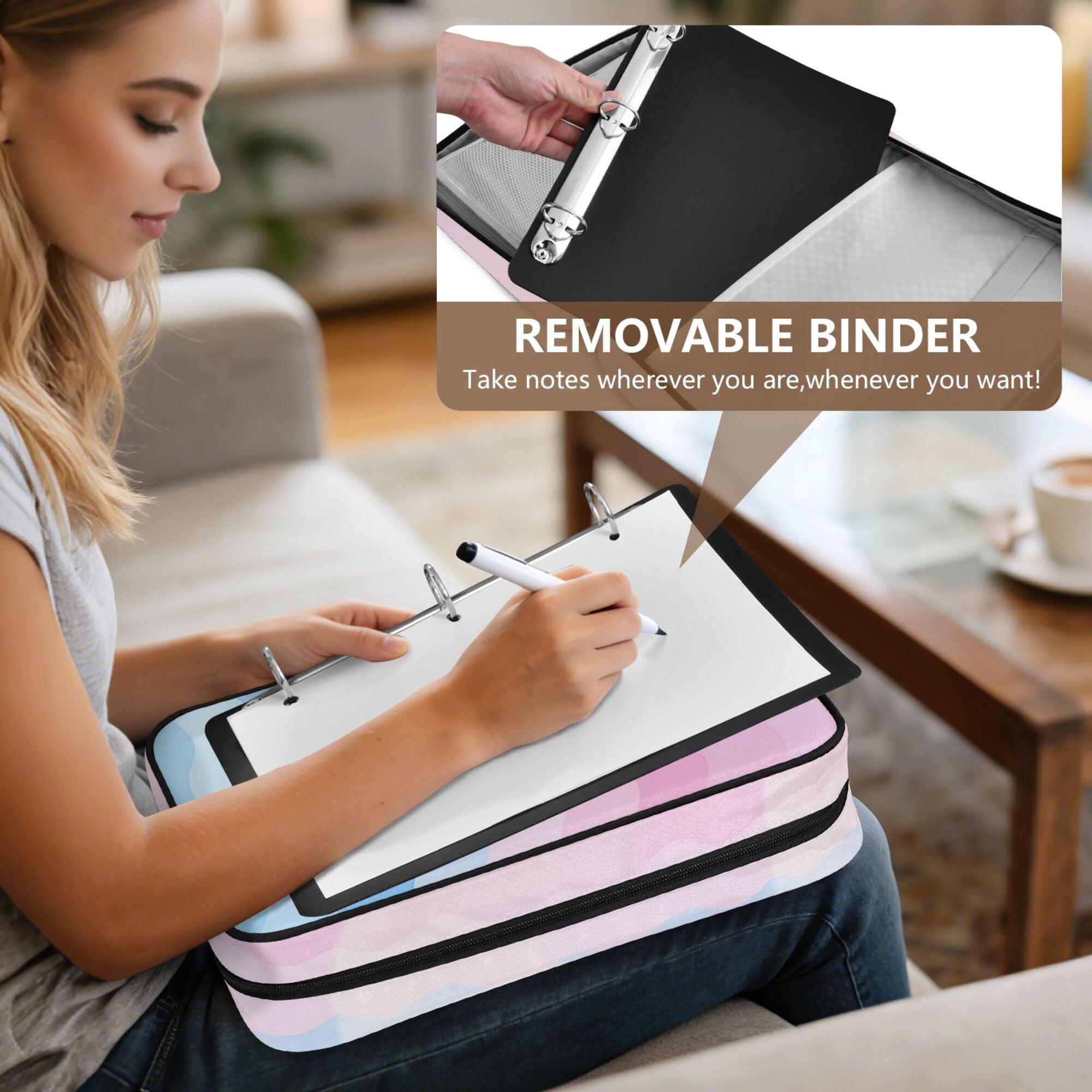 FORMRS Accordion File Folder A4 Size 7-Pocket Expanding Document Organizer Bag with 3 Ring Binder, Light Pink Stripes