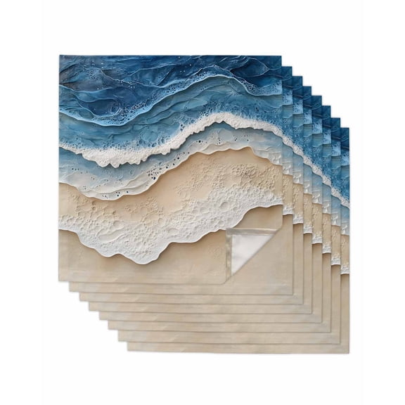 Blue Beach Coastal Cloth Napkins Washable Set of 8, Nautical Seaside Ocean Beige Reusable Dinner Table Napkins Cloth Bulk for Weddings Kitchen Restaurants Hotel Events Parties 20 x 20 Inch