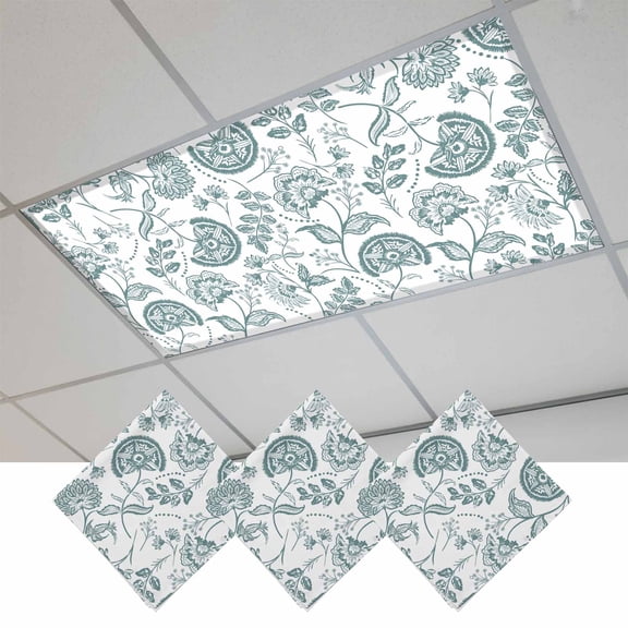 Boho Teal Green Floral Magnetic Fluorescent Light Covers for Ceiling Lights 2x4Ft,Vintage Farmhouse Paisley Leaf Office Classroom Kitchen Drop Ceiling Light Covers Lighting Filters Shade Panel 3Packs