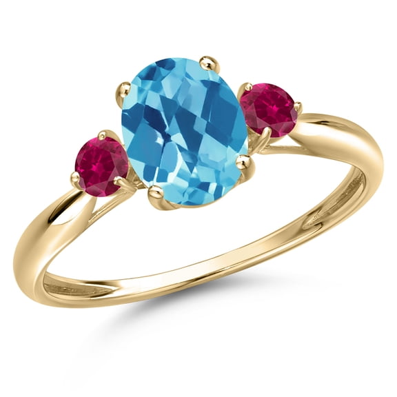 Gem Stone King 10K Yellow Gold Swiss Blue Topaz and Red Created Ruby 3-Stone Ring for Women | 1.58 Cttw | Oval Checkerboard 8X6MM | Gemstone November Birthstone | Size 9