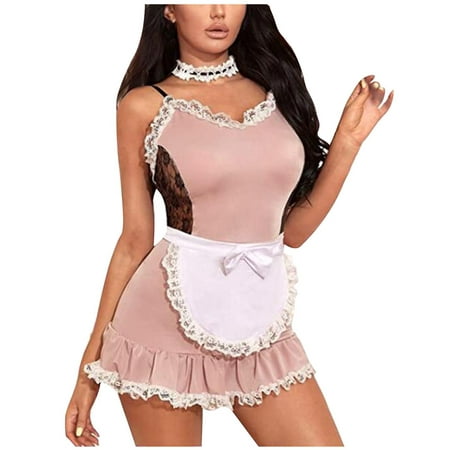 

Mikilon Ladies Cute Girl Solid Erotic Lingerie Spaghetti Straps Lace Zipper Maid Costume Dress With Apron Womens Lingerie Sexy Plus Size Valentines Day Clearance