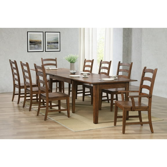 Extendable Dining Table Set for 12 - 9 Piece Rectangular Table & Chair Set - Amish Brown Finish