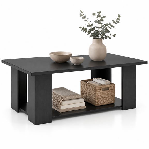 Costway Coffee Table 2-Tier Modern Center Cocktail Table with Storage Shelf for Living Room Black
