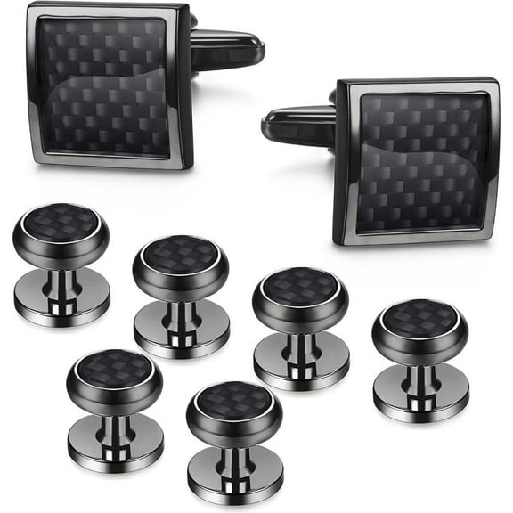 1 Pair Square Cufflinks and 3 Pairs of Round Shirt Stud, Mens Costume Accessories Set, 8Pcs Stylish Carbon Fiber Pattern Cufflinks & Elegant Shirt Buttons, Suitable for Daily Wear, Business, Wedding