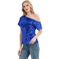 thumbnail image 3 of Womens Short Sleeve One Shoulder Sparkly Glitter Sequin Top Shirt, 3 of 5