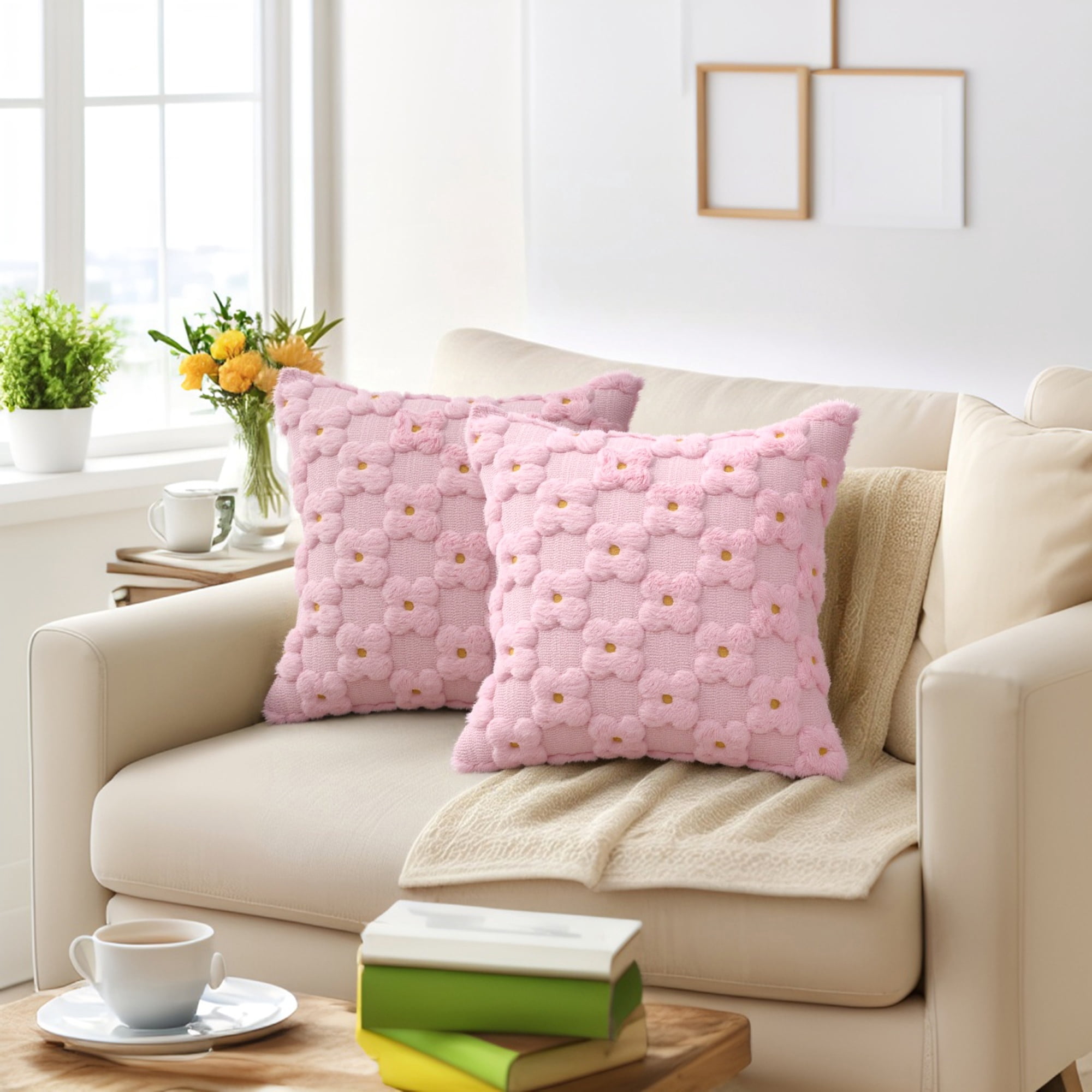 Unique Bargains Cute Daisy Embroidery Pillow Covers Pack of 2 Pink 20" x 20"