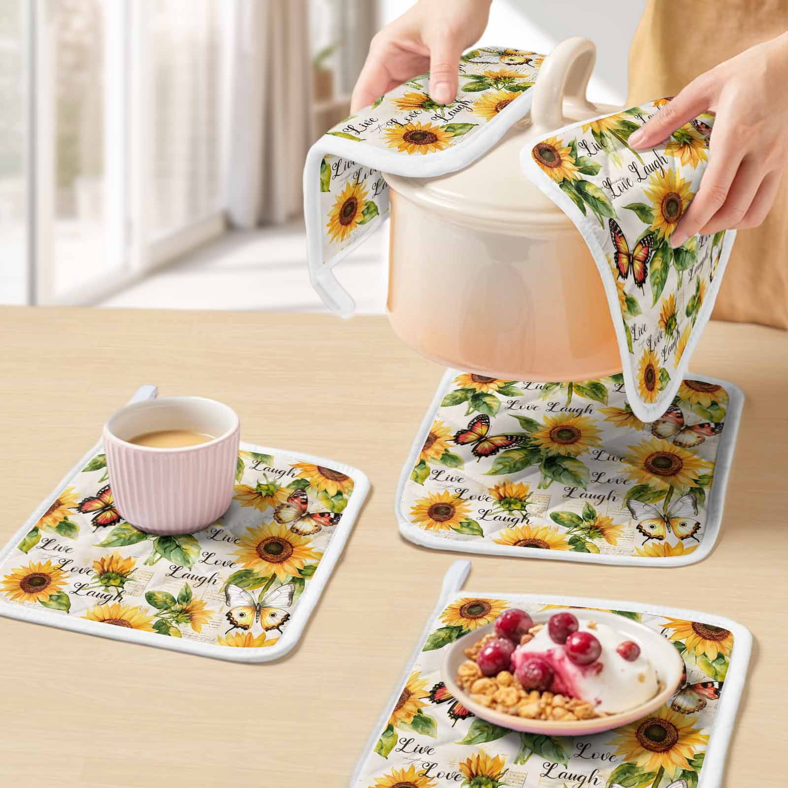 Sunflower Pot Holders for Kitchen Heatproof Potholder, 4 Pack Summer Botanical Vintage Spring Floral Butterfly Hot Pads Multipurpose Oven Pads Cloth Potholders Trivet for Cooking and Baking