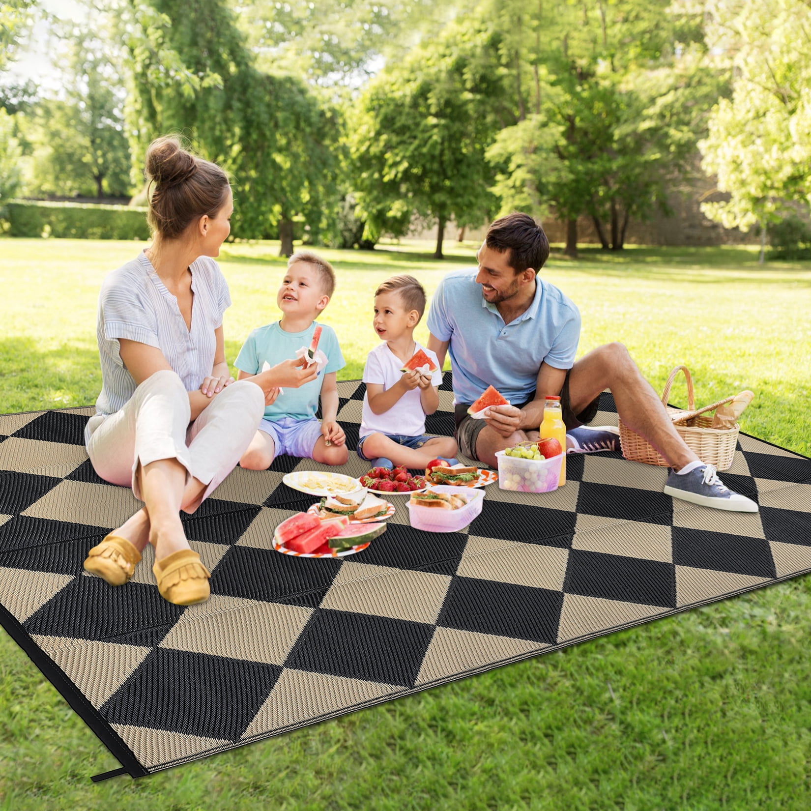 Senfot 9x18 Waterproof Portable Outdoor Rug, Modern Geometric Plastic Carpet for Patio Camping Deck Backyard Porch Decor with Storage Bag Black and Coffee