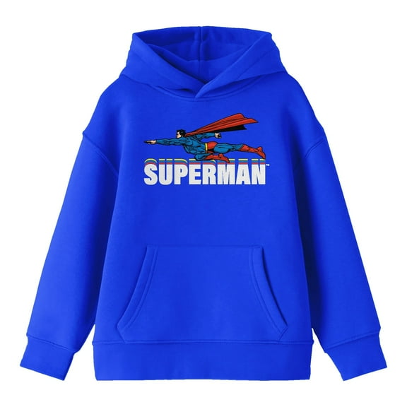 Superman Hero Flying Above Text Long Sleeve Royal Blue Boy's Hoodie-Medium