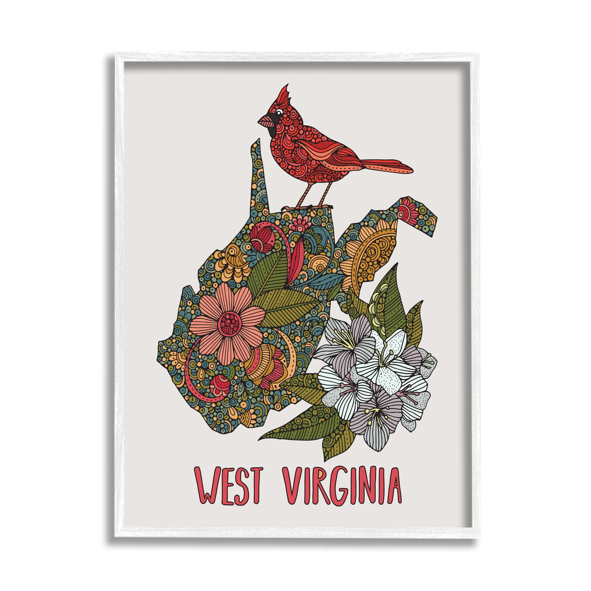 Stupell Industries West Virginia State Cardinal Detailed Floral Pattern Graphic Art White Framed Art Print Wall Art, Design by Valentina Harper