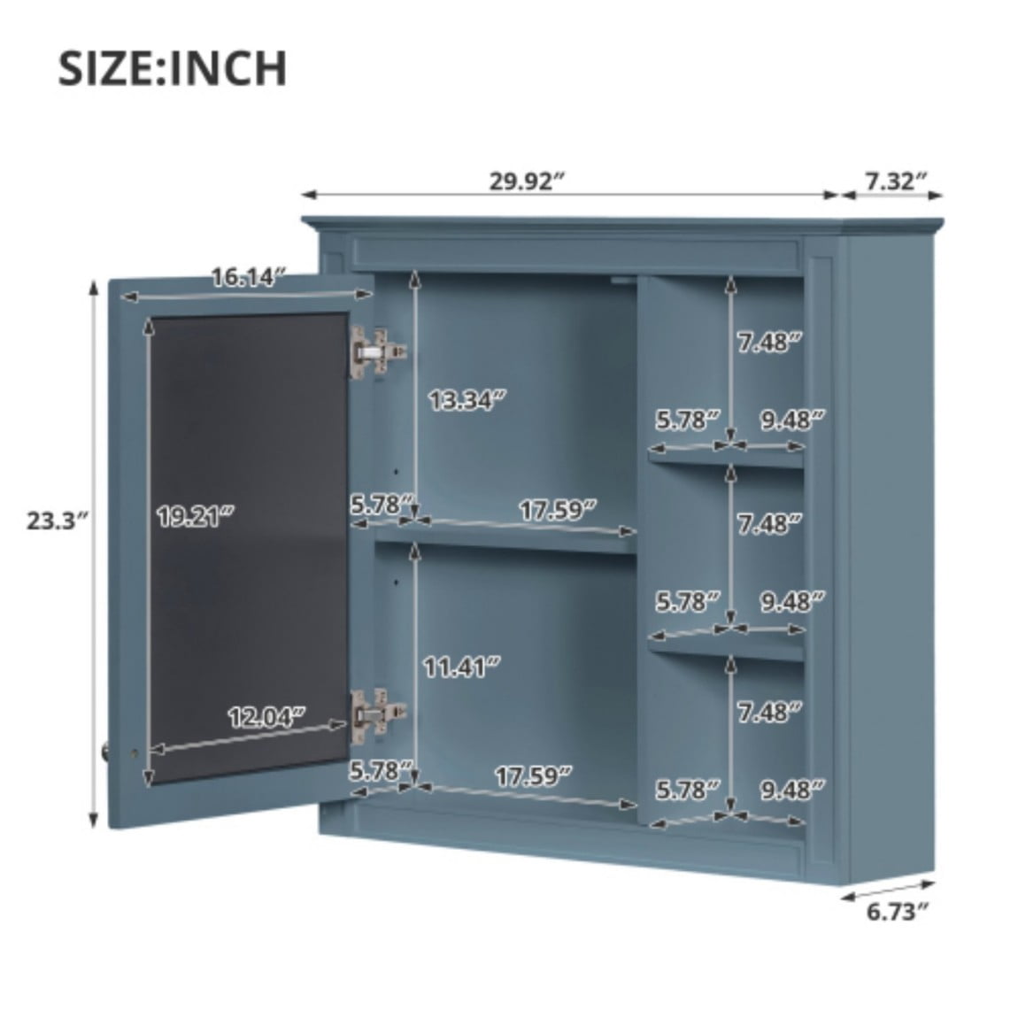 30"x 28" Wall Mounted Bathroom Medicine Cabinet with Mirror, Bathroom Storage Cabinet with Adjustable Shelf & 3 Open Shelves, Modern MDF Mirror Cabinet, Blue