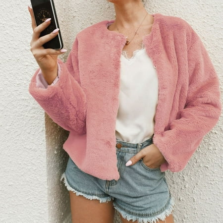 

Juebong Plus Size PU Leather Basic Streetwear Dressy Womens Ladies Solid Warm Faux Coat Jacket Winter Turn Down Collar Short Outerwear Pink XXL