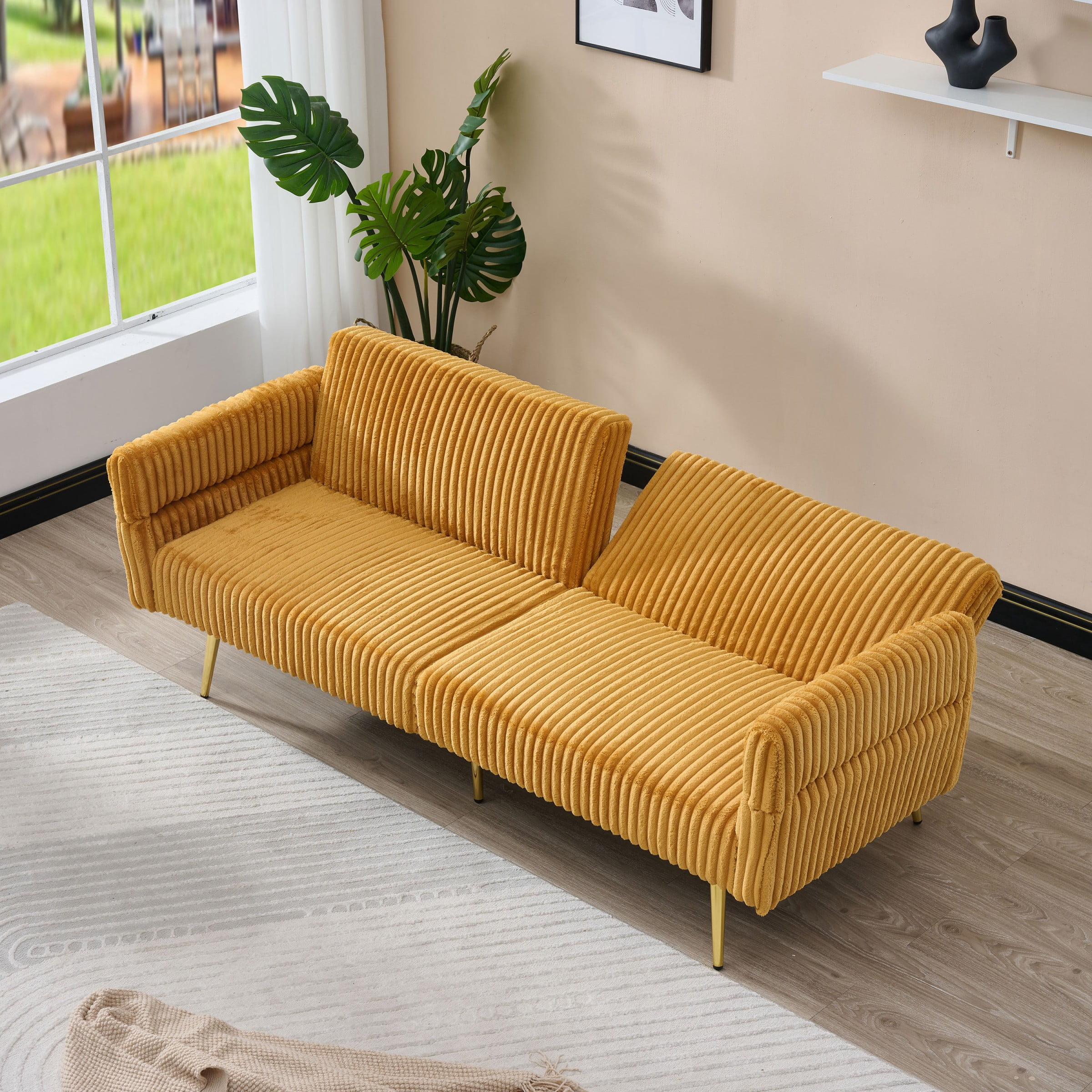 Jopath 79 inch Modern Convertible Sofa Bed,Corduroy Upholstered Futon Couch with Adjustable Armrests for Small Spaces,Living Room,Yellow02