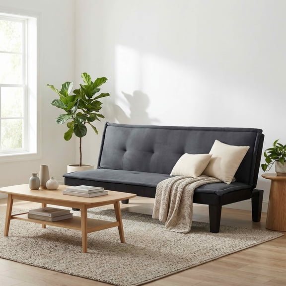 MAYEERTY 62.99" Convertible Futon Sofa Bed, Twin Size 2-Seater Sleeper Couch with 5-Position Adjustable Backrest, Faux Suede Sofa for Home Office Guest Room,Dark Gray