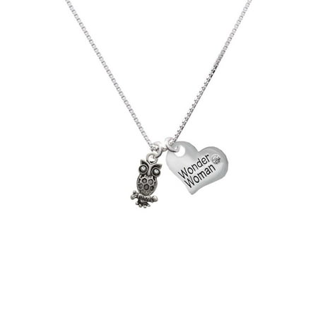 Eyed Owl Pendant - Antiqued Owl with Clear Crystal Eyes Wonder Woman Heart Necklace