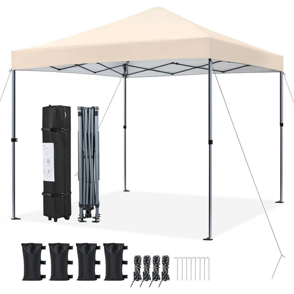 Songqin 10x10 1-Person Setup Pop Up Canopy Tent, Instant Portable Commercial Canopy Tent, Outdoor Gazebo with 1-Button Push, Wheeled Bag & 4 Sandbags for Home, Party & Outdoor Activities, Beige