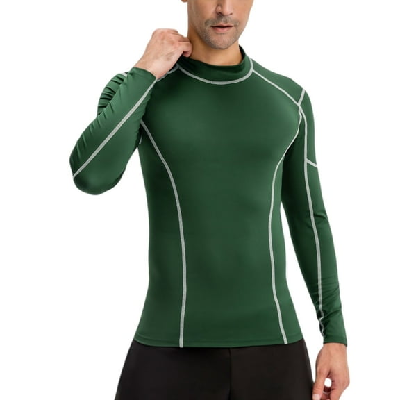 Active Men's Long Sleeve Compression Shirt with Contrast Stitching and Athletic Fit - Medium, Olive Green