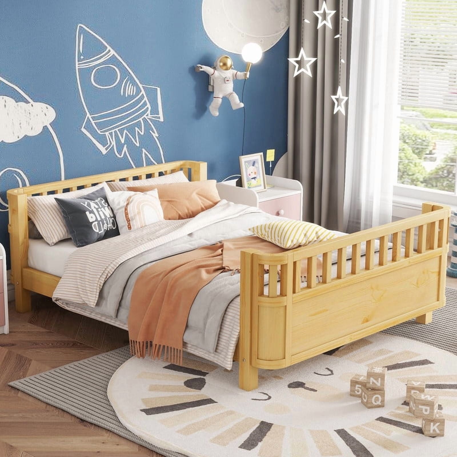 Mirightone Full Size Montessori Bed with Guardrails, Wooden Low Profile Bed Frame with Slat Support, Modern Bed with Removable Side Rails, Natural