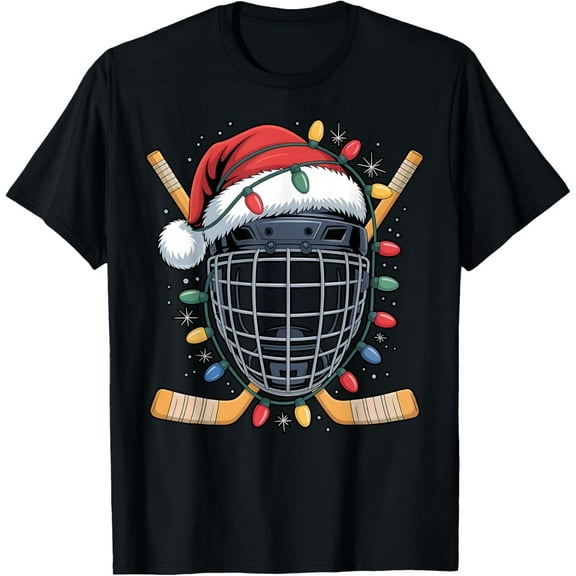 Santa Hockey Goalie Mask Christmas Lights Xmas Men Boys T-Shirt