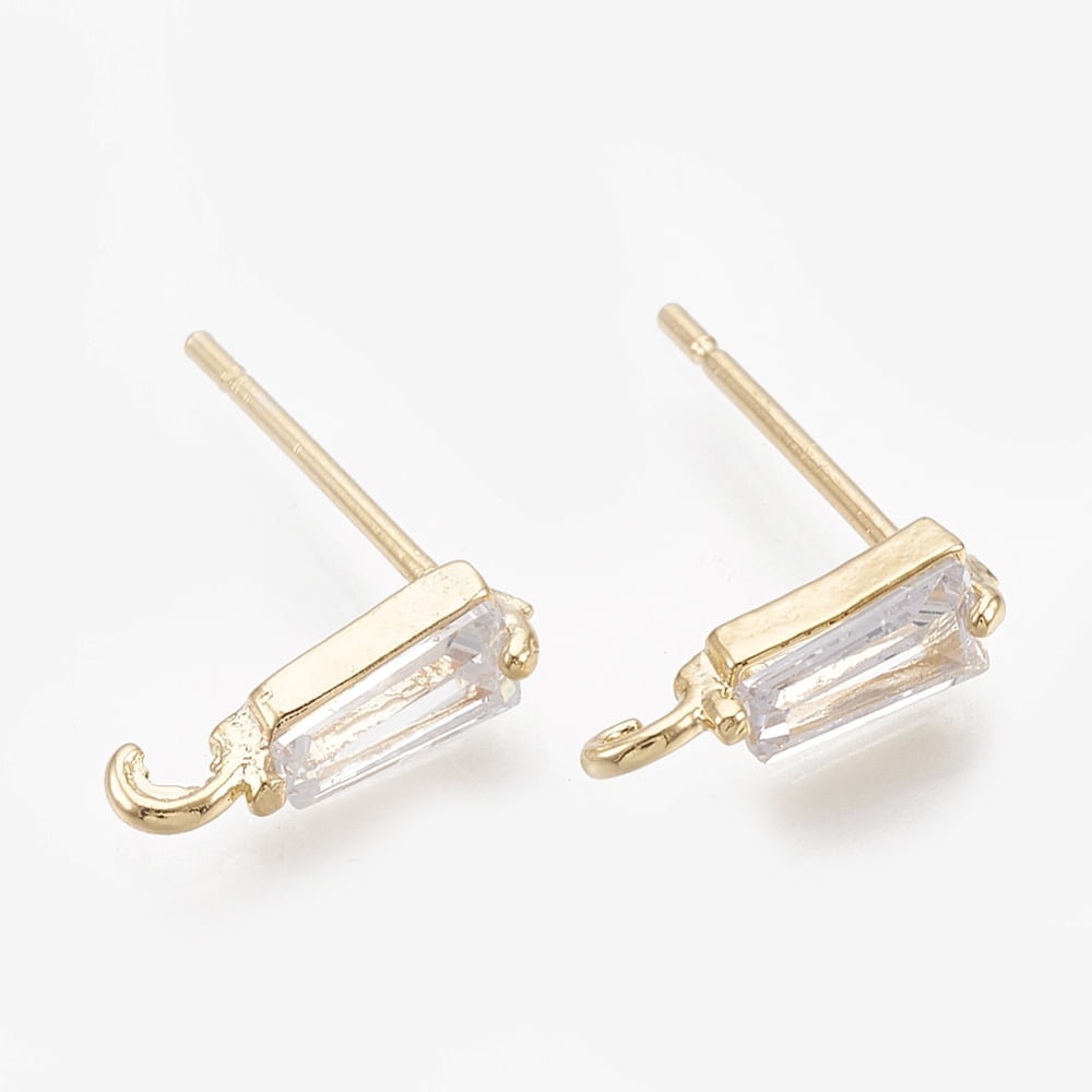 Brass Stud Earring Findings with Loop Real 18K Gold Plated with Cubic Zirconia Clear 10x3mm Hole: 1mm Pin: 0.7mm diy